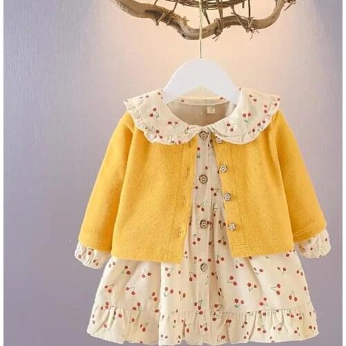 Newborn Infant Baby Dresses Girls Kids Spring Floral Cherry Dots Dress Knitted Cardigan Coat Set for Baby Girls Clothes Set 2021