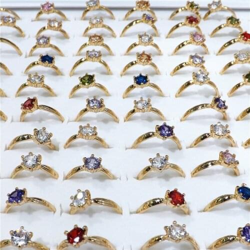 Mixed Size Gold Plated Six Claw Zircon Rings Mixed Colors For Women Valentines Day Gift 50pcs/lot