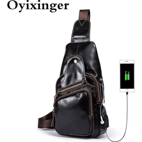 Genuine Leather Luxury Mens Chest Bags For Men With Usb Charging Man Pocket Single Shoulder Strap Crossbody Cow Leather Bag New