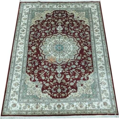 Seeykeep™ 6x9ft Pure Silk Handknotted Unique Central Medallion Floral Design Fire Brick Backcolor Oriental Persian Rug-SK3036104