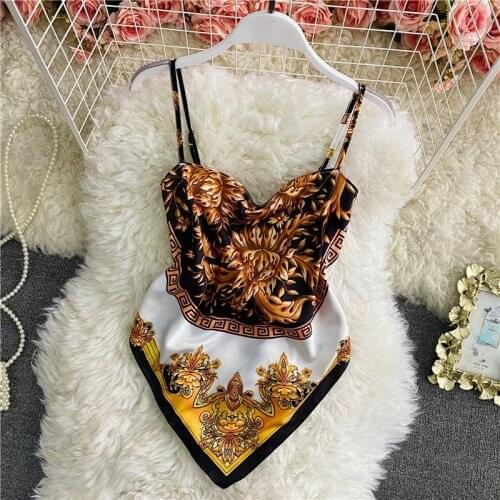 Stylish Lady Vintage Printed Crop Tops 2021 Summer Women Spaghetti Strap Pajamas Backless Bandage Beach Boho Tops
