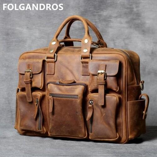 Mens Crazy Horse Leather Handbag Genuine Leather Large Capacity Vintage Handmade Shoulder Bag Male Multifunctional Cowhide Bag