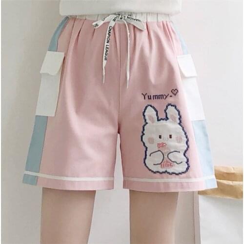Japanese Kawaii Summer Shorts for Teen Soft Girls Cute Embroidery Rabbit Women Clothing College Style Vintage Ruffle Short Femme