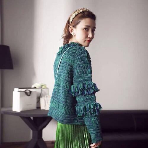 Sweater cardigan women Green autumn winter diamond eyes tassel loose casual long sleeve knitted outwear jackets coats ropa mujer