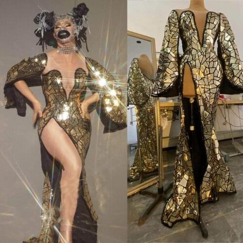 Women Gold Mirror Sexy Slit V-Neck Outfit Sequin Long Dress Stage Performance Costume Evening Nightclub Festival Clothing XS1924
