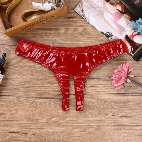 Womens Lingerie Sex Underwear Wet Look Patent Leather Open Crotch Panties High Cut Sexy Mini Briefs Exotic Crotchless Underwear