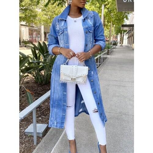 2021 Vintage Casual Long Jean Jacket Autumn Women Sexy Ripped Denim Jackets Winter Female Long Sleeve Coat Streetwear Plus Size