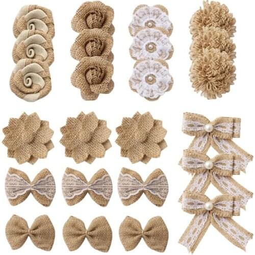 24pcs in 1 Set Burlap Flower Vintage Handmade Linen Materials Jute Flower Decoration for Wedding Christmas DIY