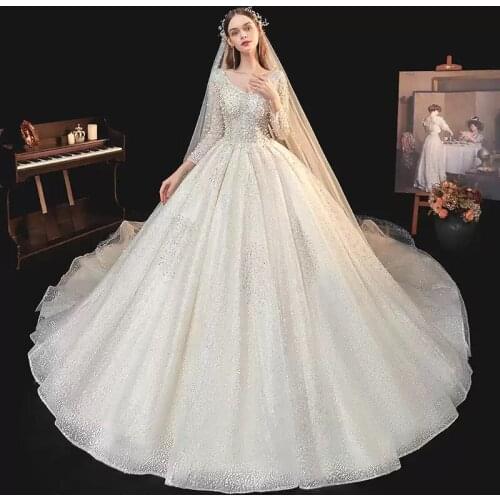Sequins Luxurious V-Neck Wedding Dress Empire Full Sleeves Lace Up Floor-Length Simple Plus Size Wedding Gowns For Women G395