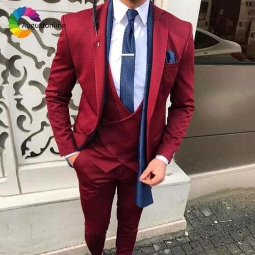 Burgundy Men Suits for Wedding Custom Made Best Man Blazers Suit Slim Fit Groom Tuxedos 3 Pieces Jacket Pants Vest Costume Homme