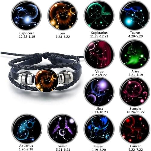 Zodiac Bracelet Charm Diy Jewelry Constellation Glass Metal Buckle Black Multilayer Leather Bracelet Women Men Gifts