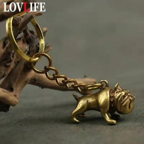 Pure Brass Cute Cartoon Dog Key Chain Pendants Vintage Metal Copper Animal French Bulldog Pug Figurines Keychain Hanging Jewelry