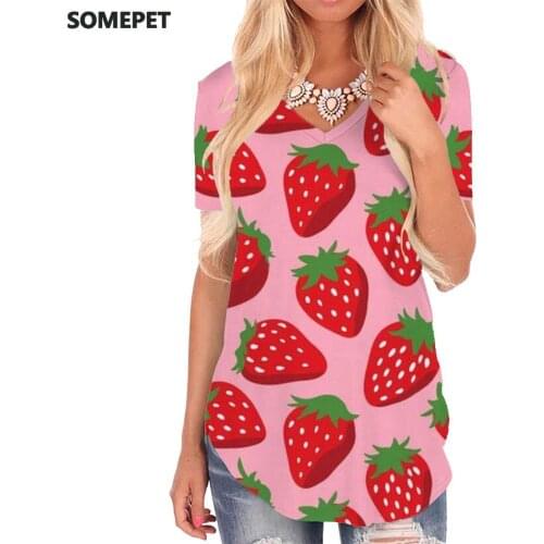 SOMEPET Strawberry T Shirt Women Harajuku V-neck Tshirt Red T-shirts 3d Womens Clothing Hip hop Loose Streetwear High Quality