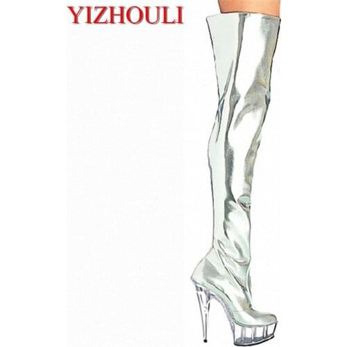 Hot sale and retail over the knee silver patent leather womens 6" thigh high boots sexy motorcycle boots 15cm clear Dance Shoes