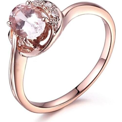 HELON Solid 10K Rose Gold Certified Oval Cut 0.8ct Genuine Morganite & Diamonds Engagement Weddinng Ring Women Fine Jewelry Gift