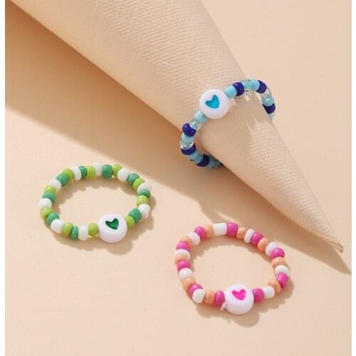 Colorful Rice Beads Rings For Women Teens Girls Cute Lovely Trendy Soft Ceramic Beaded Heart Ring Fashion Jewelry Gifts