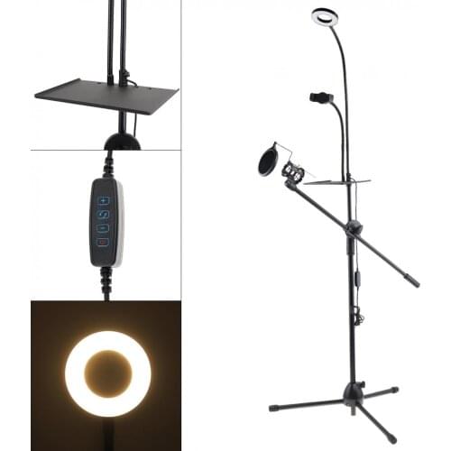 Bracket Tripod with Microphone Stand Pop Filter and Selfie Ring Light Multifunction Live Broadcast Gooseneck Cell Phone Holder