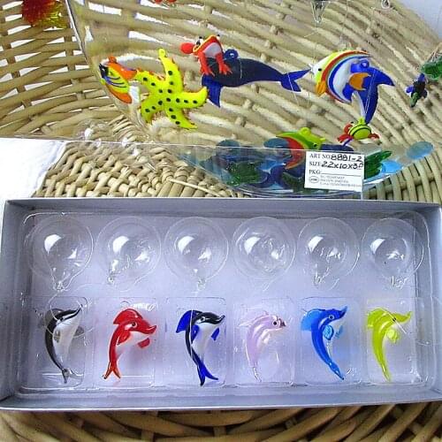 Custom Multicolor Floating Glass Dolphin Aquarium Decoration accessories Pendant Handmade Murano Glass Fish figurines 6pcs/box