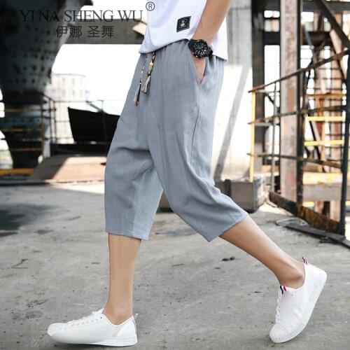 Summer Japaneses Style Mens Loose Casual Japaneses Kimono Knee-Length Pants Linen Pants Thin Section Solid Color Simple Pants