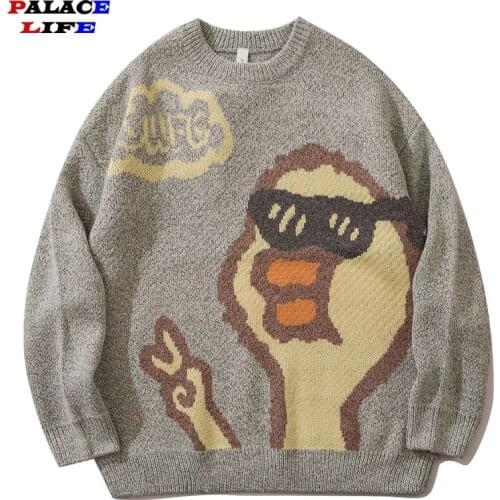 Mens Japanese Sweater Streetwear Cartoon Funny Duck Print 2021 Autumn Sweater Harajuku Loose Cotton Knit Pullover Tops Outwear