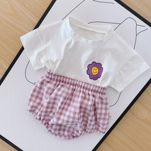 0-3 Year Old Infant Child Boy Girl Plaid Suit 2021 Summer New Baby Smiley Face T-shirt Shorts Newborn Two-piece Outfits