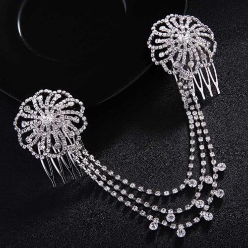 Hot Sale Delicate Silver Color Crystal Chains Long Tassel Hair Combs Tiaras Bride Noiva Wedding Party Veil Crowms Headbands