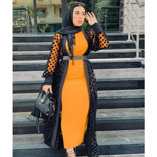 Mesh Polka Dot printed Perspective long Cardigan abaya women dress kaftan ramadan EID robe islamic Judaic dubai moroccan gown