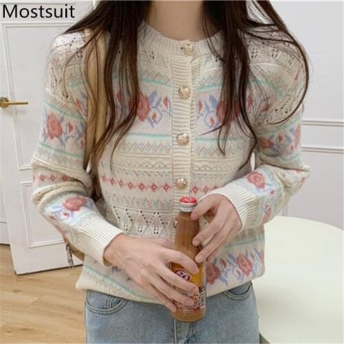 Vintage Floral Knitted Women Cardigan Sweater Full Sleeve O-neck Hollow Out Tops Korean Fashion Ladies Jumpers Femme 2021