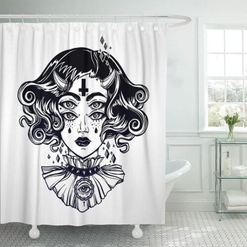 Devil Girl Head Portrait Gothic Hair Horns and Four Shower Curtain Waterproof Polyester Fabric 60 x 72 inches Set with Hooks