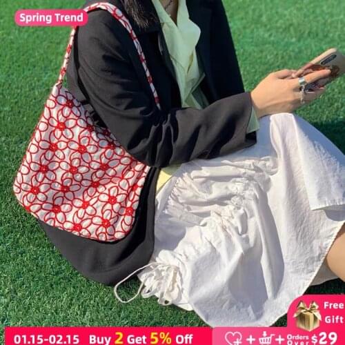 Embroidery Flowers Women Shoulder Underarm Bag Large Capacity Ladies Cotton Shopping Bags Vintage Girls Small Tote Beach Handbag