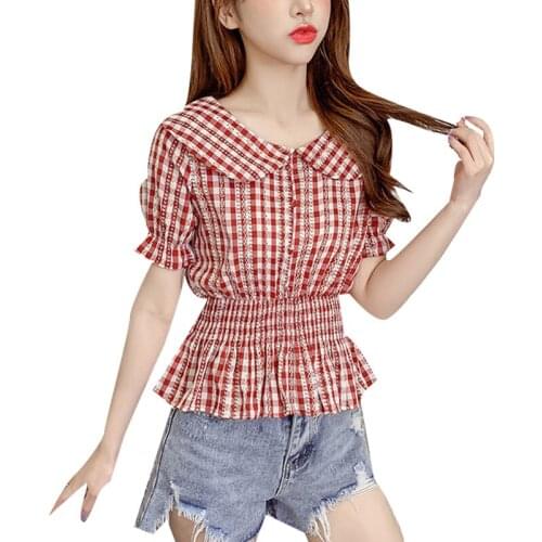 Womens Spring Summer Style Blouses Shirt Womens Peter pan Collar Button Ruffles Short Sleeve Plaid Casual Tops SP050