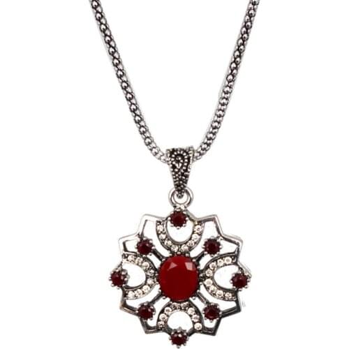 Bing Tu Retro Resin Jewelry Ancient Silver Color Pendant Necklace Green Blue Red Crystal Necklaces Pendants collares mujer