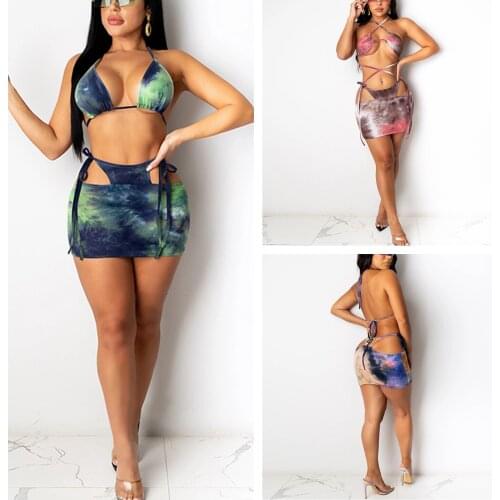 2021 Womens Sexy Tie Dye Lace-up Bikini Low Collar Halter Tops Short Skirt Swimsuit Classic Bare Midriff Two-pieces Set