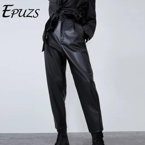 Winter Beige Black Faux Leather Pants women trousers Loose Pencil pants korean thick Pocket PU pants 2020