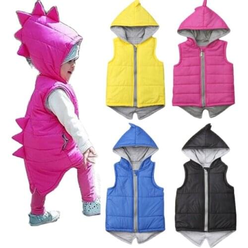 Winter Warm Waistcoats Infant Kids Baby Girls Boy Dinosaur Vest Zip Hooded Jacket Coat Tops Warm Outerwear Hoodies Clothing