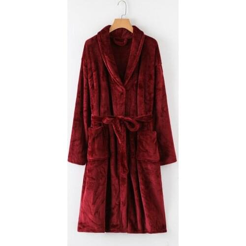 Winter Unisex Robes Sleepwear Burgundy Bathrobe Women Flannel Sashes Navy Blue Warm Long Sleeves Pockets Casual Pajamas Homewear