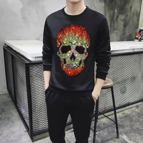 Winter Mens Tracksuit Loose Black Sportswear Rhinestone High Quality Hoodie And Trousers Two-Piece Jogging Track Suit Oversized