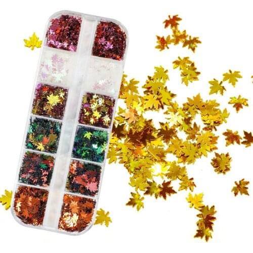 12 Grids/Set Colorful Xmas Maple Leaves Laser Holographic Nail Glitter Sequins Acrylic Nail Art Paillette For Nail Multi-design