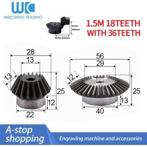 2pcs 1:2 Bevel Gear 1.5 Modulus 18 Teeth + 36 teeth Inner Hole 8mm 90 Degree Drive Commutation Steel Gears