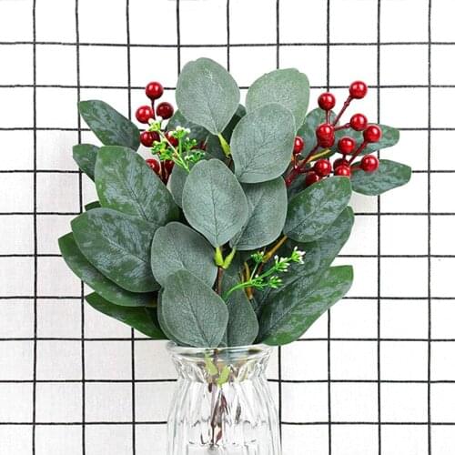 5Pcs Artificial Eucalyptus Leaves Green Eucalyptus With Cherry Stamens Berries DIY Wedding Party Home Garden Decor Fake Leaves