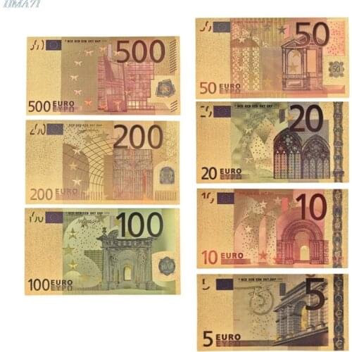7pcs/lot 5 10 20 50 100 200 500 EUR Gold Banknotes in 24K Gold Fake Paper Money for Collection Euro Banknote Sets