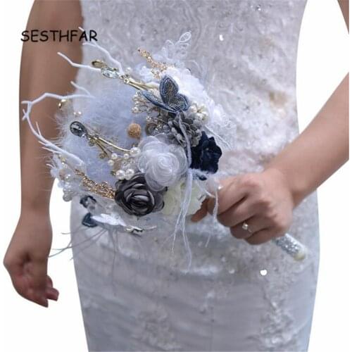 Bride Flower White Feathers Crystal Wedding Bouquet Brooch Pink Flowers Pearls Blue Cane Sparkly Rhinestones Bridal Bouquet