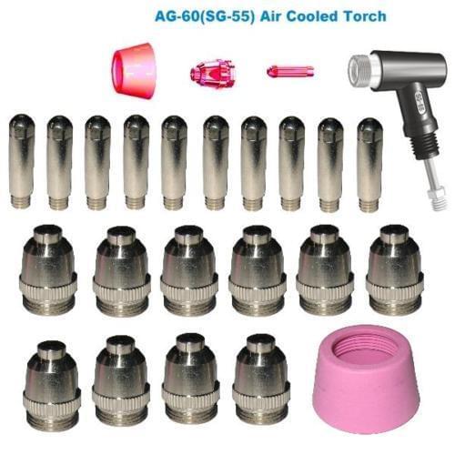 AG60/SG55 Electrode 40pcs and Nozzle 40pcs, Shield Cap 10pcs With Spacer Guide 2pc Air Cooled Plasma Cutting Torch 100A