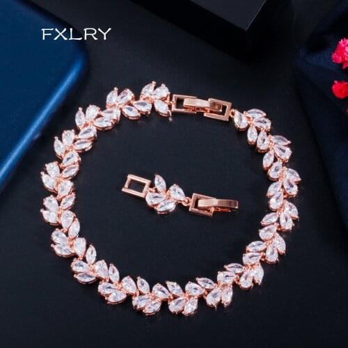 FXLRY High Quality Leaf-Shape Bracelet for Women Girls Wedding Banquet White /Rose gold Cubic Zircon Fashion Jewelry