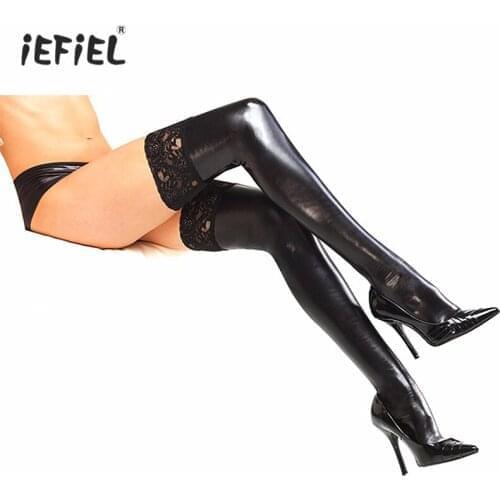 Gay Fetish Woman Erotic Sexy Lingerie Latex Stockings Wet Look Patent Leather Thigh High Lace Floral Latex Socks Pole Dance Wear