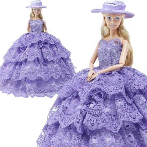 Fashion Purple Ball Dress Bride Wedding Party Lace Gown With Hat Princess Clothes for Barbie Doll Accessories DIY House Toys