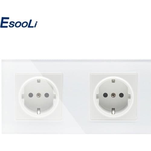 Esooli EU Standard 2 Gang Wall Power Socket, White Crystal Glass Panel, Manufacturer of 16A Wall Outlet, GB-C7C2EU-11