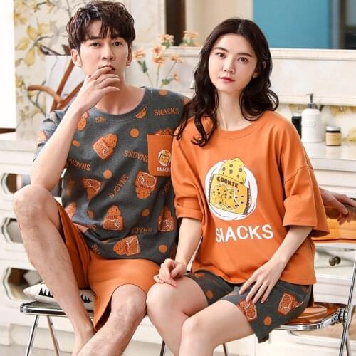 Cotton Pajamas For Man Summer Casual Couple Set Short Sleeve Shorts Night Suit 2Pcs Big Size Sleepwear Night Gowning For Women