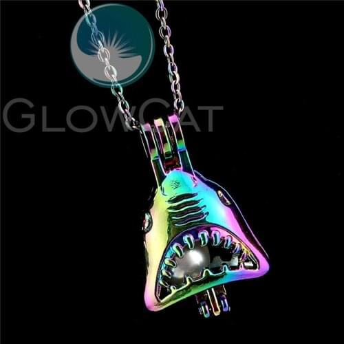 Rainbow Shark Beads Cage Pendant Aroma Perfume Diffuser Stone Pearl Cage Locket Necklace R-C1016