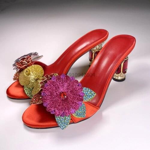 Bling Sequined Flower Sandal Woman Chuncky Heel Open Toe High Heels Crystal Red Summer Slippers Women